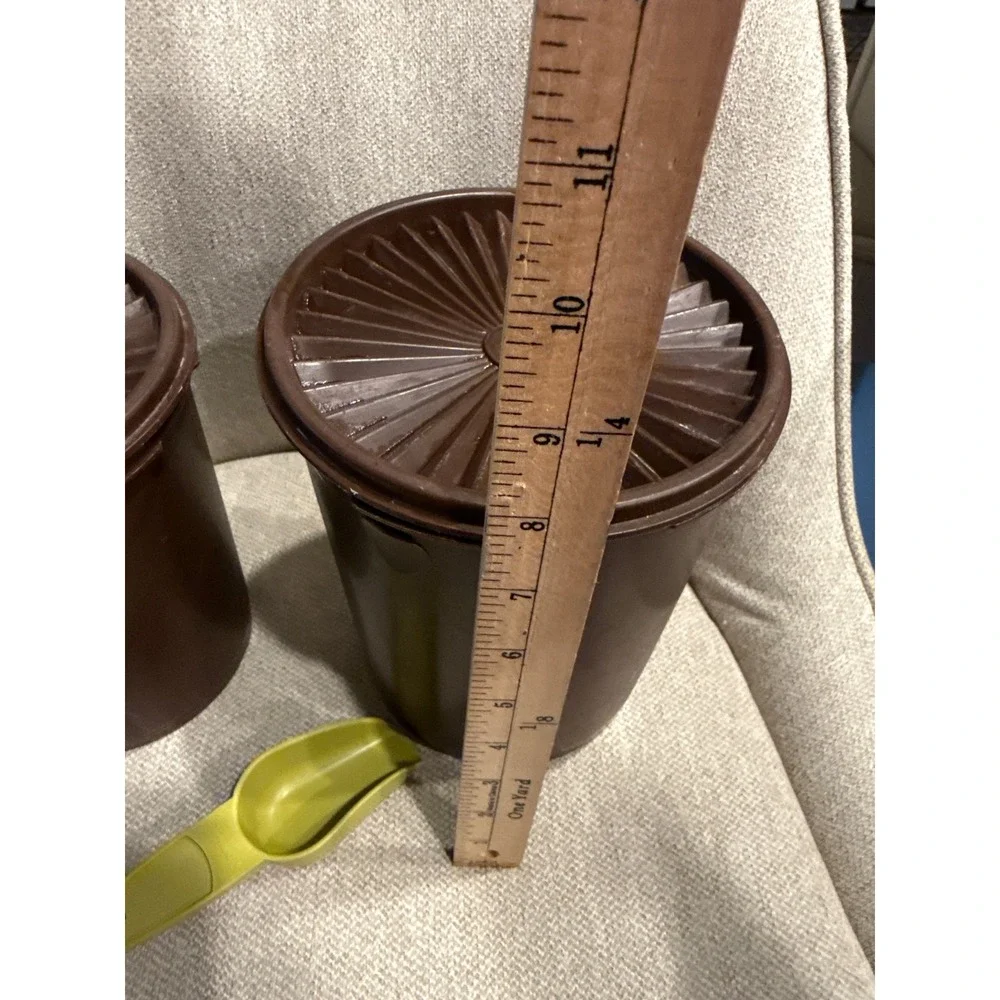 Vintage Tupperware Canister Set Brown Gold Leaf Servalier Lids 5pc Scoop Nesting